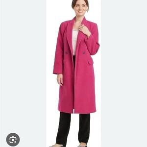 Full length hot pink wool jacket with belt